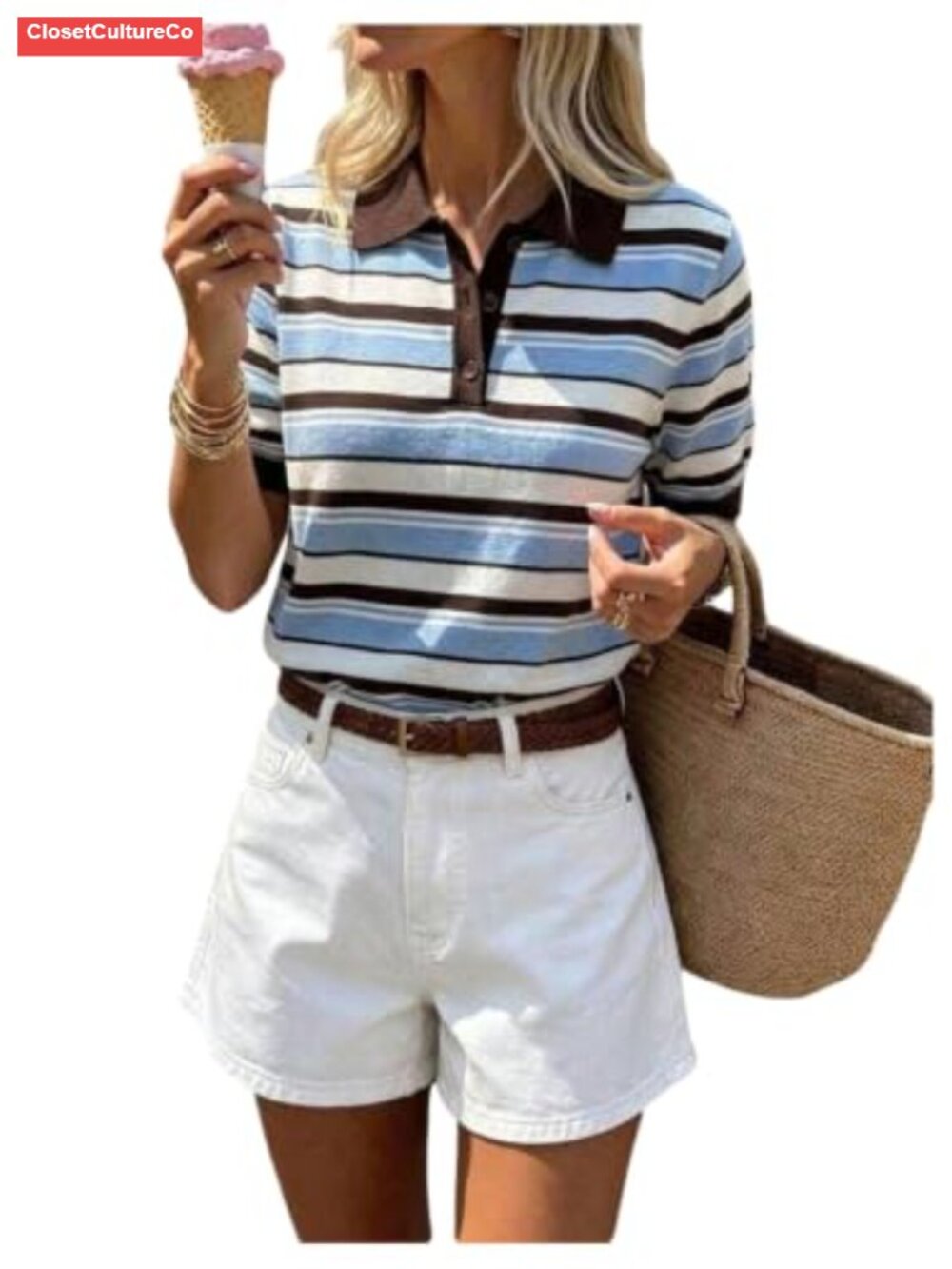 Striped Short Sleeve Collared Button Knit Sweater Top Preppy